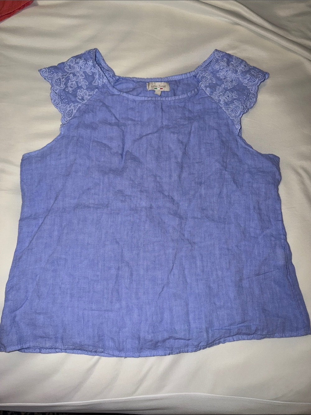 Lina Tomei 100% Linen Blue Embroidered Lace Shoulder Top Made in Italy Sz Medium
